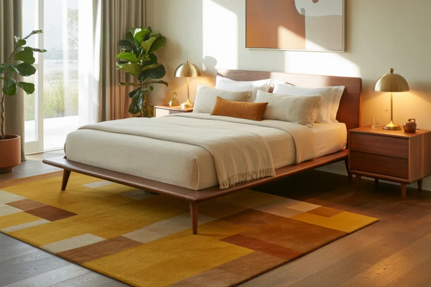 Best mid-century modern bedroom inspirations on a budget with low walnut platform bed tapered legs mustard geometric rug and brass lamps.