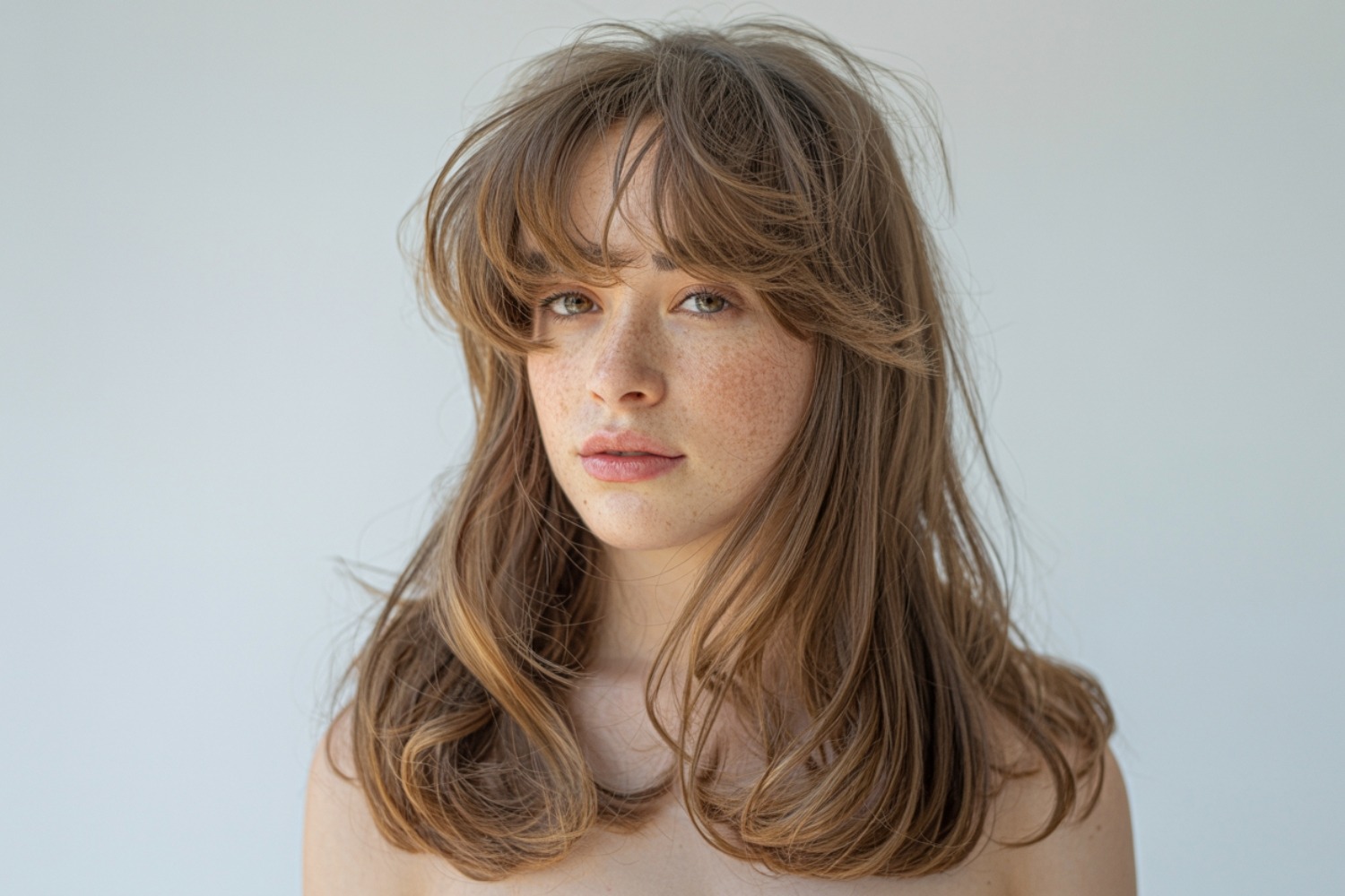 A beautiful woman showing a stunning mid length hair style with layers and bangs — soft face framing layers and wispy bangs for a fresh modern look.