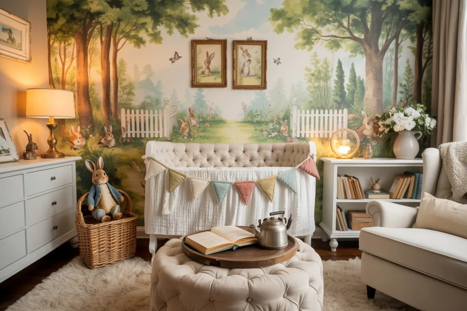 Beautiful Peter Rabbit nursery decor ideas featuring woodland mural, white tufted crib, and vintage Beatrix Potter prints.