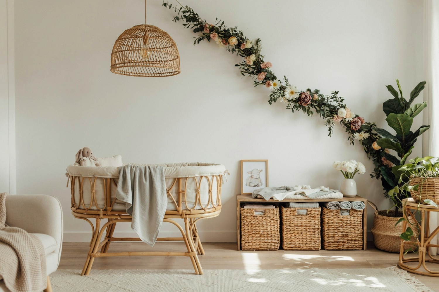 Spring decorating ideas for the nursery with pastel walls and floral wallpaper