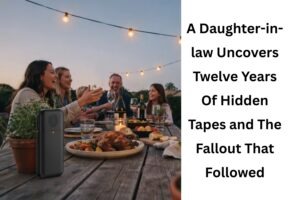 Family sitting around a dinner table, unaware of father-in-law secretly recording our family dinners for years