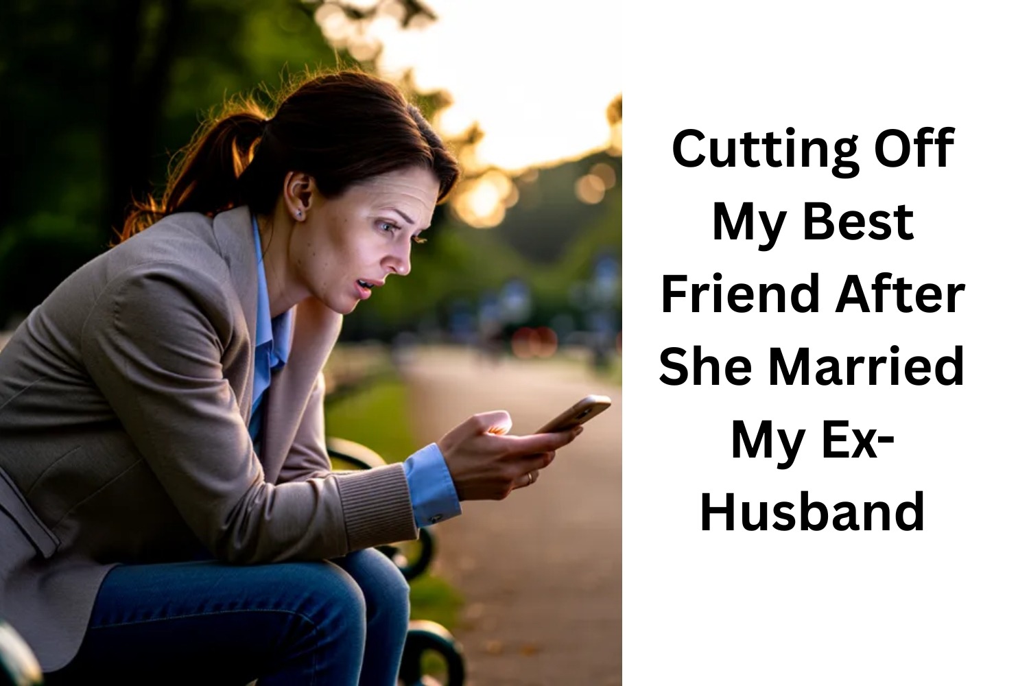 My Best Friend Married My Ex-Husband: woman sitting alone on a park bench at dusk, staring at her phone in shock after discovering the wedding photo