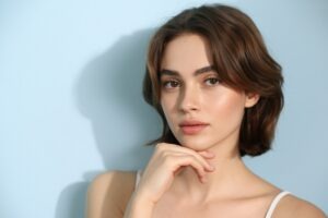 Woman with brown eyes and brown hair wearing warm copper eyeshadow makeup look