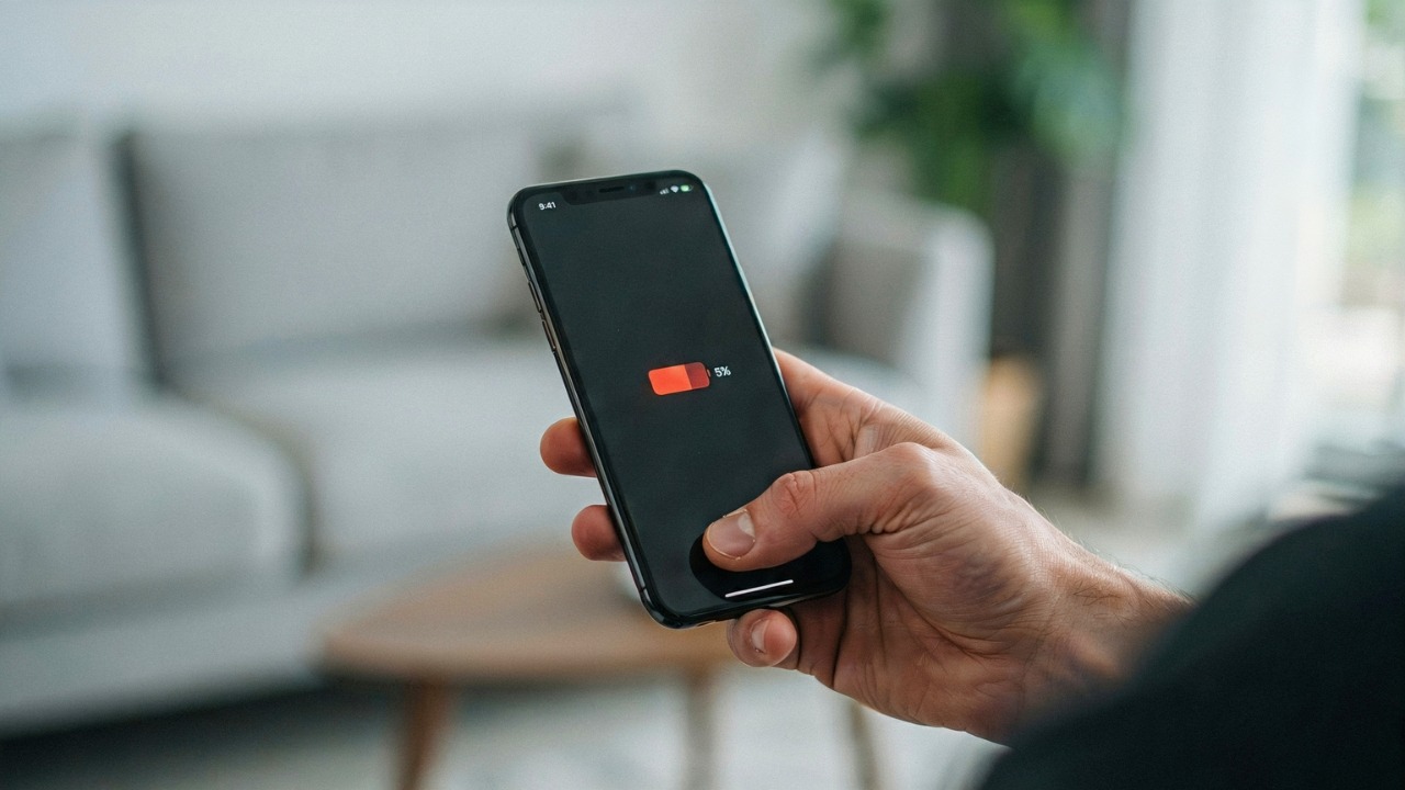 Hand holding a smartphone with a nearly dead battery icon, showing how phone battery dies faster than their motivation
