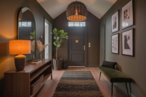 Entryway decor ideas 2026 with a bench, storage baskets, and wall mirror