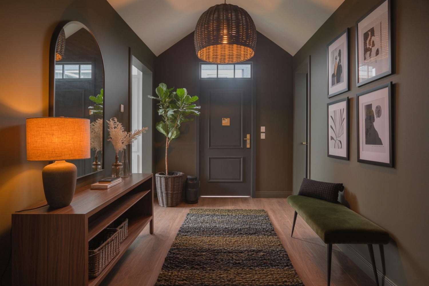 Entryway decor ideas 2026 with a bench, storage baskets, and wall mirror