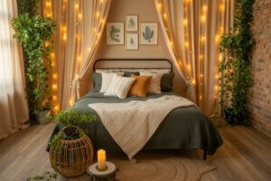 Cozy Boho Teen Girl Bedroom with layered bedding, warm lighting, woven textures, plants, neutral colors, and personalized wall decor.