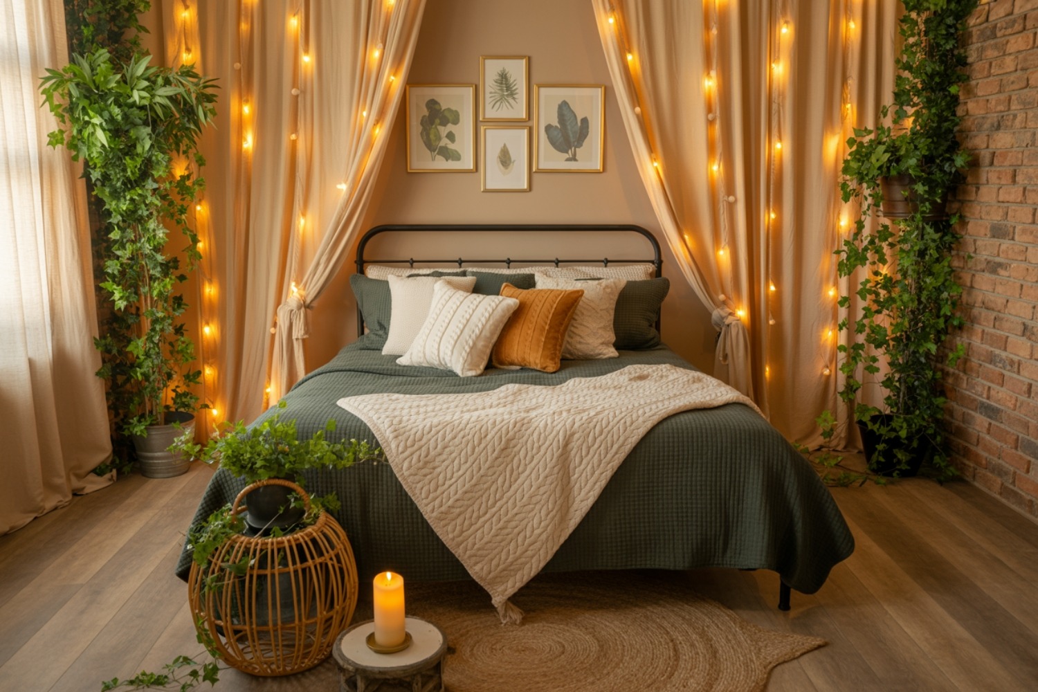 Cozy Boho Teen Girl Bedroom with layered bedding, warm lighting, woven textures, plants, neutral colors, and personalized wall decor.