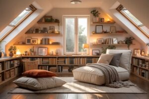 Cozy Floor Cushion Reading Nook Ideas with soft cushions, warm lighting, book storage