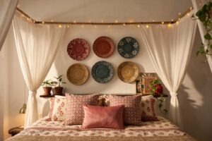 DIY over-the-bed wall decor featuring stylish bedroom wall art