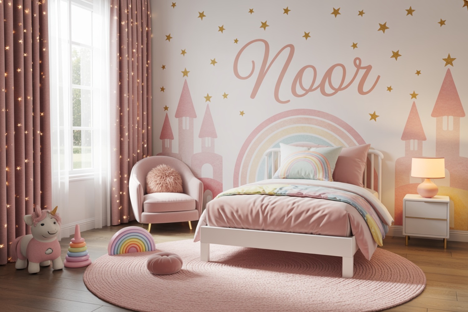 Small Bedrooms for Toddler Girls with a low bed, smart storage, soft colors, child-friendly decor