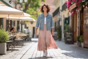 Trendy denim jacket outfits featuring stylish casual layers, dresses, trousers, skirts, and seasonal looks