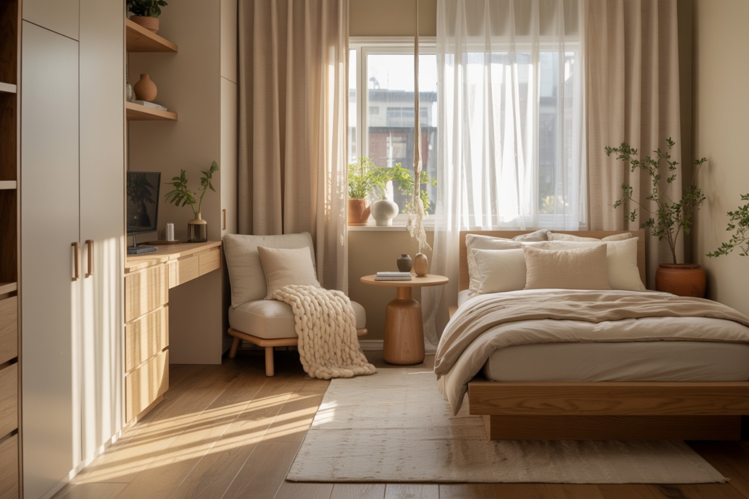 Cozy sitting area ideas for small bedrooms featuring compact chairs, benches, window seating, and space-saving bedroom furniture for a stylish, comfortable nook