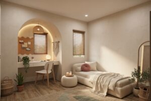 Small cozy bedroom office setup with a built-in wood desk,