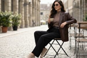 Woman wearing a camel wool coat, cream turtleneck, tailored trousers, and leather ankle boots for an elegant winter outfit.