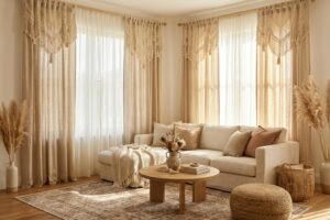 Cozy boho living room with textured linen curtains, earthy decor, a cream sofa, wooden furniture, and a natural woven rug.
