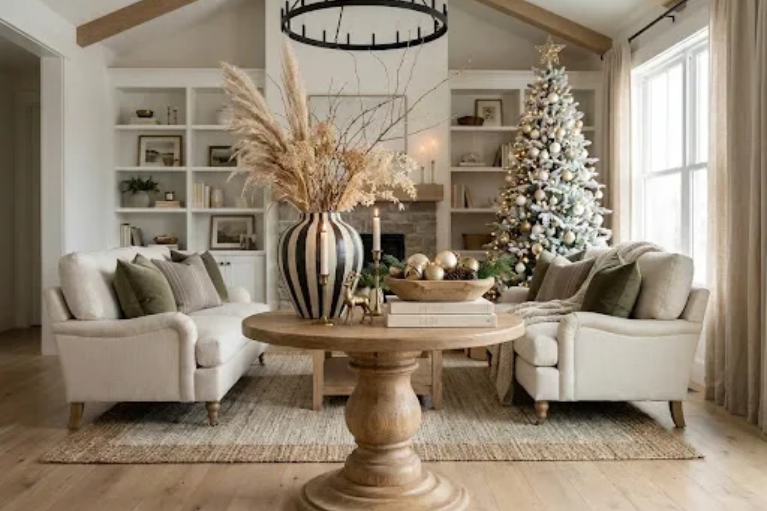 Snowy miniature bottlebrush Christmas trees arranged on a wooden coffee table