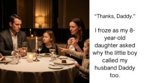 Woman looking stunned at an anniversary dinner as her husband’s ex-wife sits across the table with a young boy who unexpectedly calls him Daddy.