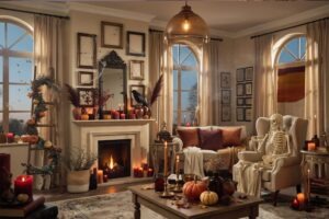 Cozy fall and Halloween spooky living room decor ideas with pumpkins, warm blankets, autumn leaves, candles, and subtle spooky accents for a festive seasonal look.
