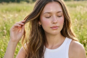 Close-up beauty portrait of a woman with glass skin makeup looks, dewy glowing cheeks, soft pink blush, natural eye makeup, and glossy lips.