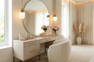 Elegant bedroom makeup vanity with a warm white dressing table, illuminated arched mirror, velvet stool, gold accents, and organized makeup storage.