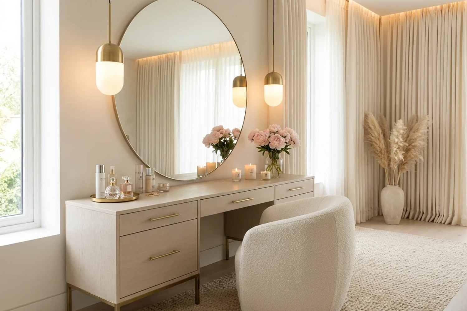 Elegant bedroom makeup vanity with a warm white dressing table, illuminated arched mirror, velvet stool, gold accents, and organized makeup storage.