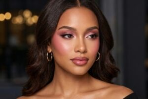 Pink Glam Makeup Looks on brown skin featuring soft rosy eyeshadow, radiant pink blush, defined lashes, and glossy nude-pink lips.